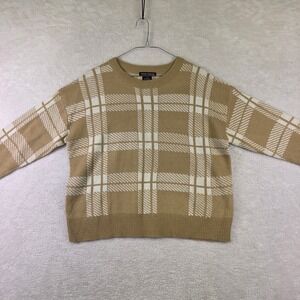 Trendy Threads Tan Cream Plaid Ruffle Cuff Crewneck Sweater 1X Plus Size